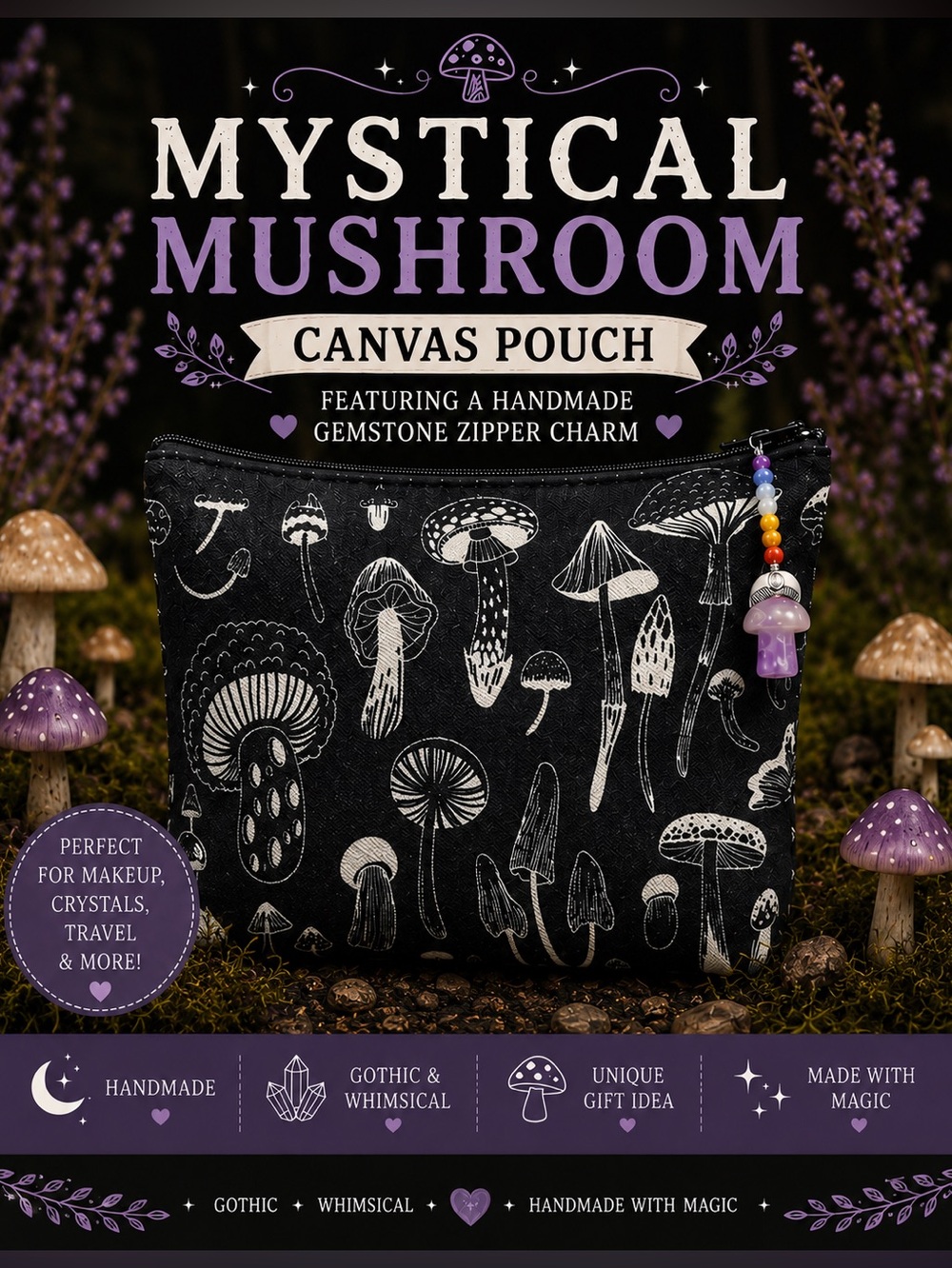 Artisan Mushroom Print Zip Pouch Makeup Bag with Amethyst Mushroom Charm